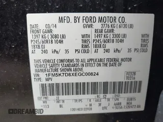 2014 Ford Explorer XLT with VIN 1FM5K7D8XEGC00824, listed as a IAAI auction lot 41990205 with 222,620 mi miles and . Bid and sale history available at DreamBid. Image 9.