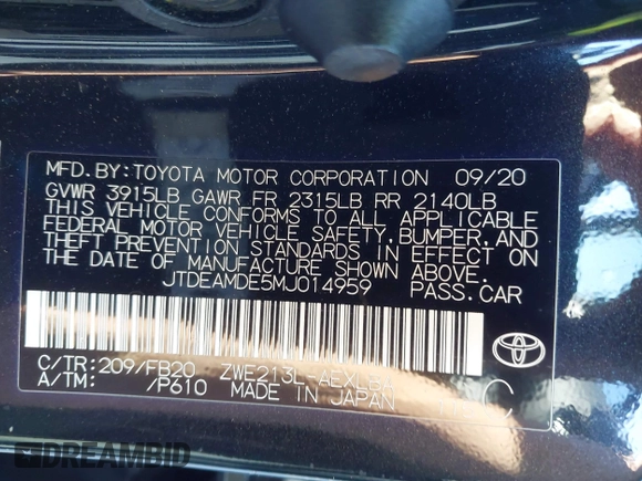 2021 Toyota Corolla Hybrid LE with VIN JTDEAMDE5MJ014959, listed as a IAAI auction lot 41751203 with 26,220 mi miles. Bid and sale history available at carsss.com. Image 9.