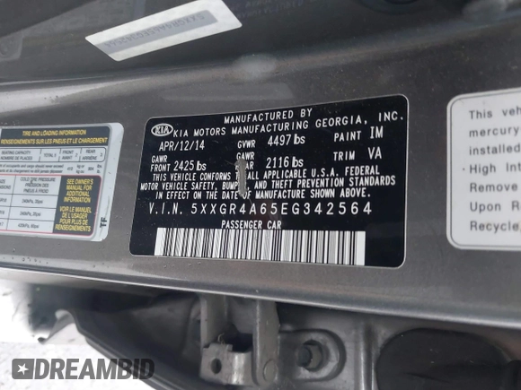 2014 Kia Optima SXL Turbo with VIN 5XXGR4A65EG342564, listed as a IAAI auction lot 41725578 with 159,937 mi miles and . Bid and sale history available at DreamBid. Image 9.