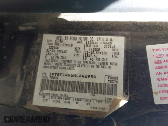 1991 Ford F-150 с VIN 1FTEF14N6MLA42984, выставлен на аукционе IAAI как лот 42370169 с пробегом 86 207 миль миль и . История ставок и продаж доступна на DreamBid. Изображение 9.