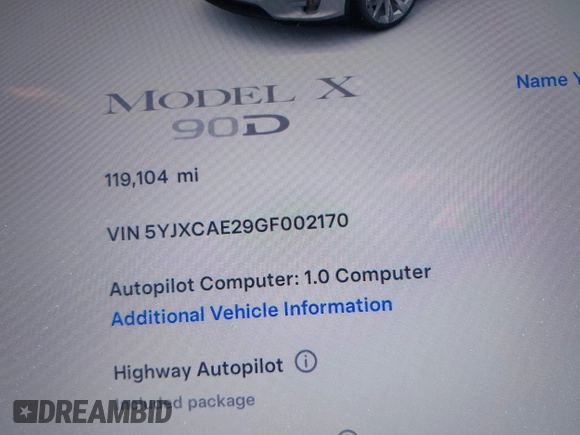2016 Tesla Model X 70D z VIN 5YJXCAE29GF002170, wystawiony jako IAAI lot #42334842 z przebiegiem 119 104 mil mil oraz . Historia ofert i sprzedaży dostępna na DreamBid. Obrazek 16.