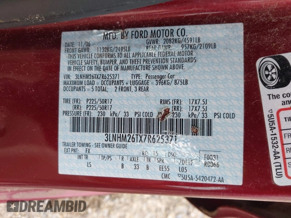 2007 Lincoln MKZ z VIN 3LNHM26TX7R625371, wystawiony jako IAAI lot #42051234 z przebiegiem 152 777 mil mil oraz . Historia ofert i sprzedaży dostępna na DreamBid. Obrazek 9.