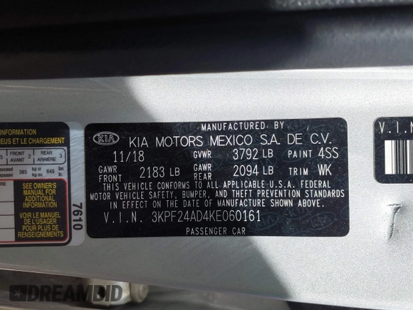 2019 Kia Forte LXS with VIN 3KPF24AD4KE060161, listed as a IAAI auction lot 42399886 with 56,777 mi miles and . Bid and sale history available at DreamBid. Image 9.