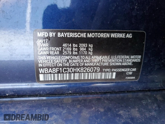 2017 BMW 3 Series 328d xDrive with VIN WBA8F1C30HK826079, listed as a Copart auction lot 48626524 with Not provided miles and . Bid and sale history available at DreamBid. Image 13.