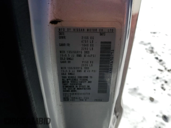 2013 Nissan NV200 SV with VIN 3N6CM0KN8DK690795, listed as a Copart auction lot 41579545 with 154,047 mi miles and Clean title. Bid and sale history available at DreamBid. Image 13.