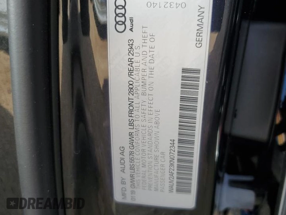 2019 Audi A7 Prestige with VIN WAUV2AF23KN072344, listed as a Copart auction lot 75298064 with 44,096 mi miles and Salvage Title. Bid and sale history available at carsss.com. Image 12.