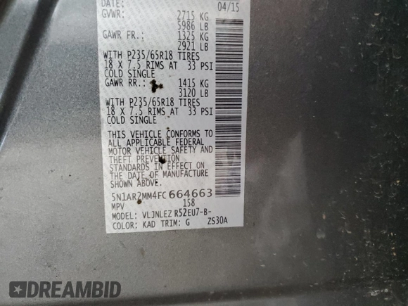 2015 Nissan Pathfinder Platinum with VIN 5N1AR2MM4FC664663, listed as a Copart auction lot 62366335 with 191,240 mi miles and Salvage title. Bid and sale history available at DreamBid. Image 14.