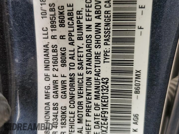 2019 Honda Insight Touring with VIN 19XZE4F91KE013243, listed as a Copart auction lot 52947255 with 25,236 mi miles and Salvage Title. Bid and sale history available at carsss.com. Image 12.