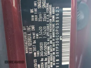 2023 Kia Telluride SX с VIN 5XYP5DGC0PG389623, выставлен на аукционе Copart как лот 52812025 с пробегом 33 391 миль миль и На запчасти • Non repairable. История ставок и продаж доступна на DreamBid. Изображение 16.