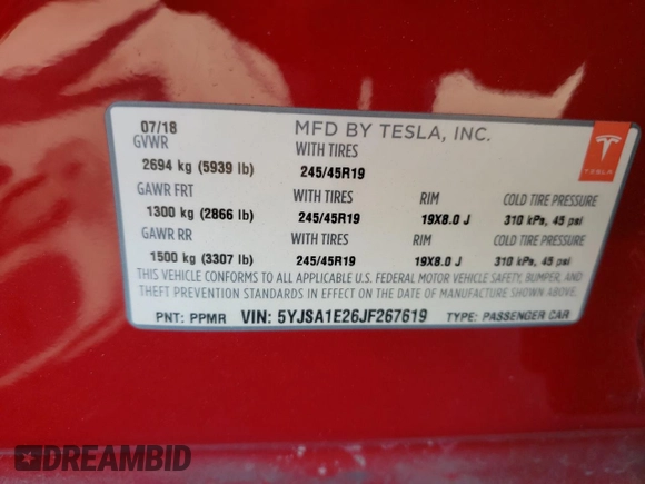 2018 Tesla Model S 75D with VIN 5YJSA1E26JF267619, listed as a Copart auction lot 54504865 with 62,733 mi miles and Salvage Title. Bid and sale history available at DreamBid. Image 13.
