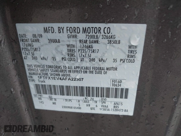 2010 Ford F-150 XL with VIN 1FTFX1EV4AFA22307, listed as a IAAI auction lot 41702951 with 199,943 mi miles and . Bid and sale history available at DreamBid. Image 9.