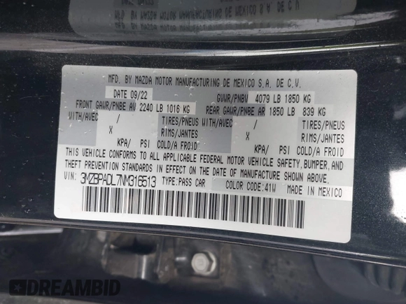 2022 Mazda 3 Premium with VIN 3MZBPADL7NM316513, listed as a IAAI auction lot 41347291 with 47,351 mi miles and . Bid and sale history available at DreamBid. Image 9.