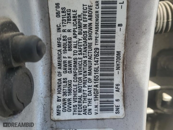 2006 Honda Civic Sdn LX with VIN 1HGFA16516L147629, listed as a Copart auction lot 50174795 with 233,137 mi miles and Salvage Title. Bid and sale history available at carsss.com. Image 12.