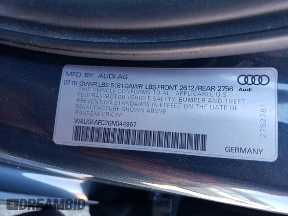 2016 Audi A6 2.0T Premium Plus with VIN WAUGFAFC2GN044967, listed as a Copart auction lot 43932723 with 57,871 mi miles. Bid and sale history available at carsss.com. Image 13.