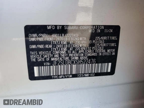 2025 Subaru Forester Premium with VIN JF2SLDBCXSH522476, listed as a Copart auction lot 57898805 with 1,999 mi miles and Salvage title. Bid and sale history available at DreamBid. Image 13.