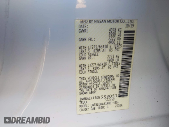 2019 Nissan Titan Pro-4X with VIN 1N6BA1F45KN533051, listed as a IAAI auction lot 42587343 with 134,768 mi miles and . Bid and sale history available at DreamBid. Image 9.