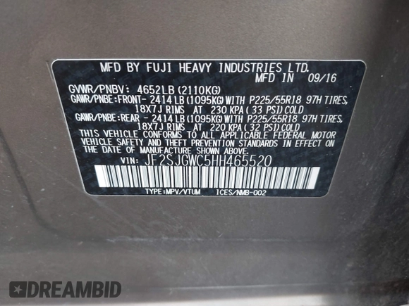 2017 Subaru Forester Touring with VIN JF2SJGWC5HH465520, listed as a IAAI auction lot 41498085 with 1 mi miles. Bid and sale history available at carsss.com. Image 9.
