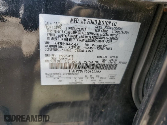 2006 Ford Five Hundred Limited z VIN 1FAFP28146G165585, wystawiony jako Copart lot #57722995 z przebiegiem 201 490 mil mil oraz Nie do naprawy. Historia ofert i sprzedaży dostępna na DreamBid. Obrazek 12.