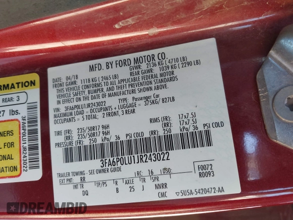 2018 Ford Fusion Hybrid SE with VIN 3FA6P0LU1JR243022, listed as a IAAI auction lot 41470052 with 119,636 mi miles. Bid and sale history available at carsss.com. Image 9.