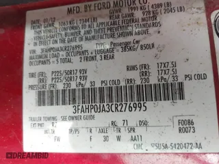 2012 Ford Fusion SEL with VIN 3FAHP0JA3CR276995, listed as a IAAI auction lot 41841433 with 220,569 mi miles. Bid and sale history available at carsss.com. Image 9.