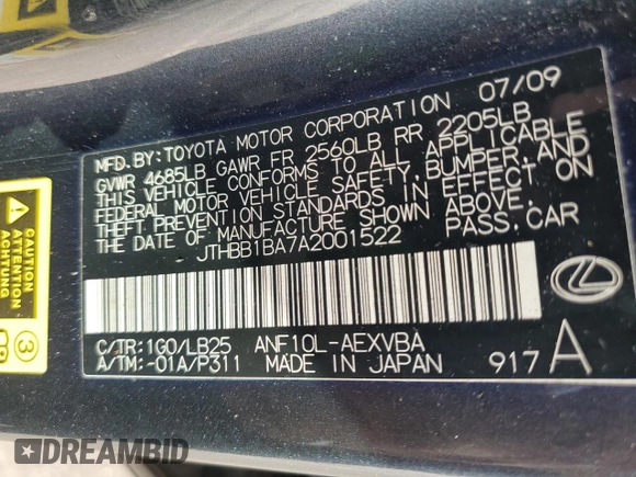 2010 Lexus HS with VIN JTHBB1BA7A2001522, listed as a Copart auction lot 74371974 with 225,215 mi miles and Clean Title. Bid and sale history available at carsss.com. Image 12.