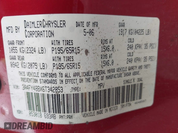 2006 Chrysler PT Cruiser with VIN 3A4FY48BX6T342853, listed as a IAAI auction lot 39841662 with 137,165 mi miles and . Bid and sale history available at DreamBid. Image 9.