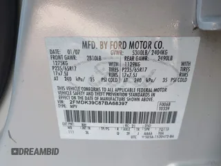2007 Ford Edge SEL PLUS with VIN 2FMDK39C87BA68397, listed as a IAAI auction lot 41897056 with 135,403 mi miles. Bid and sale history available at carsss.com. Image 9.
