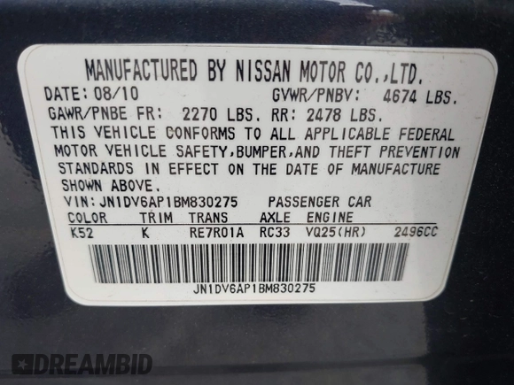 2011 Infiniti G25 Journey with VIN JN1DV6AP1BM830275, listed as a IAAI auction lot 41905361 with 153,169 mi miles. Bid and sale history available at carsss.com. Image 9.