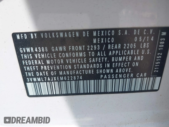 2014 Volkswagen Jetta TDI with VIN 3VWML7AJXEM622874, listed as a IAAI auction lot 42440544 with 196,983 mi miles and . Bid and sale history available at DreamBid. Image 9.