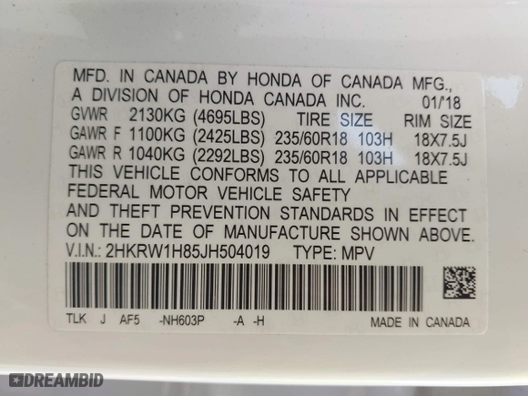 2018 Honda CR-V EX-L with VIN 2HKRW1H85JH504019, listed as a IAAI auction lot 40179782 with 33,878 mi miles. Bid and sale history available at carsss.com. Image 9.