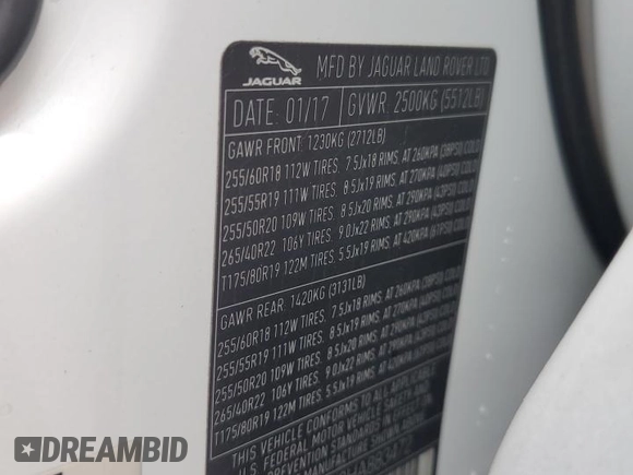 2017 Jaguar F-Pace 35t Premium with VIN SADCJ2BV3HA883472, listed as a Copart auction lot 54220855 with 92,678 mi miles and Clean title. Bid and sale history available at DreamBid. Image 12.