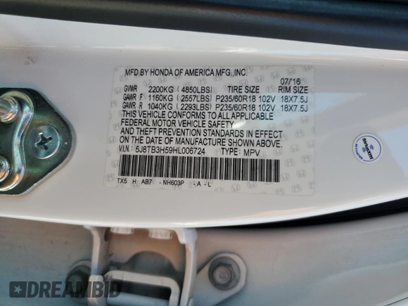 2017 Acura RDX Technology with VIN 5J8TB3H59HL006724, listed as a Copart auction lot 60851355 with 93,131 mi miles and Salvage title. Bid and sale history available at DreamBid. Image 14.