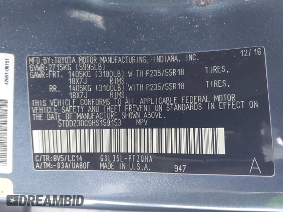 2017 Toyota Sienna XLE с VIN 5TDDZ3DC9HS159153, выставлен на аукционе IAAI как лот 41350390 с пробегом 110 715 миль миль и . История ставок и продаж доступна на DreamBid. Изображение 9.