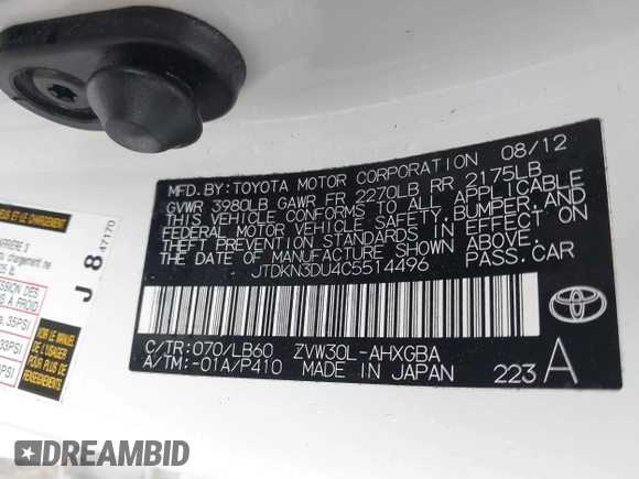 2012 Toyota Prius One with VIN JTDKN3DU4C5514496, listed as a IAAI auction lot 42123946 with 215,115 mi miles and . Bid and sale history available at DreamBid. Image 9.