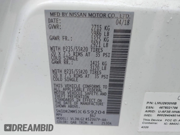 2018 Nissan Pathfinder SV with VIN 5N1DR2MM5JC659204, listed as a IAAI auction lot 41781827 with 65,835 mi miles and . Bid and sale history available at DreamBid. Image 9.