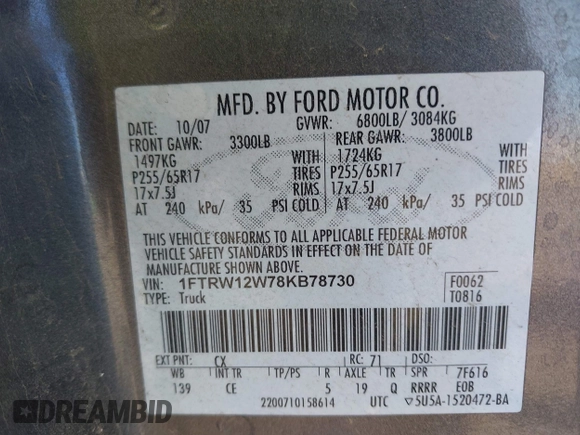 2008 Ford F-150 XL с VIN 1FTRW12W78KB78730, выставлен на аукционе IAAI как лот 42156441 с пробегом 129 447 миль миль и . История ставок и продаж доступна на DreamBid. Изображение 9.