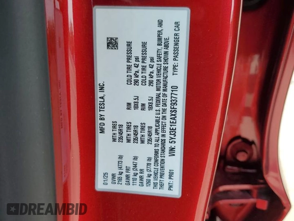 2025 Tesla Model 3 Long Range z VIN 5YJ3E1EAXSF937710, wystawiony jako Copart lot #59334705 z przebiegiem 2 666 mil mil oraz Szkoda całkowita • Salvage title. Historia ofert i sprzedaży dostępna na DreamBid. Obrazek 13.