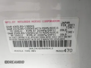 2003 Mitsubishi Outlander XLS with VIN JA4LZ41G33U092413, listed as a IAAI auction lot 41904961 with 178,691 mi miles. Bid and sale history available at carsss.com. Image 9.