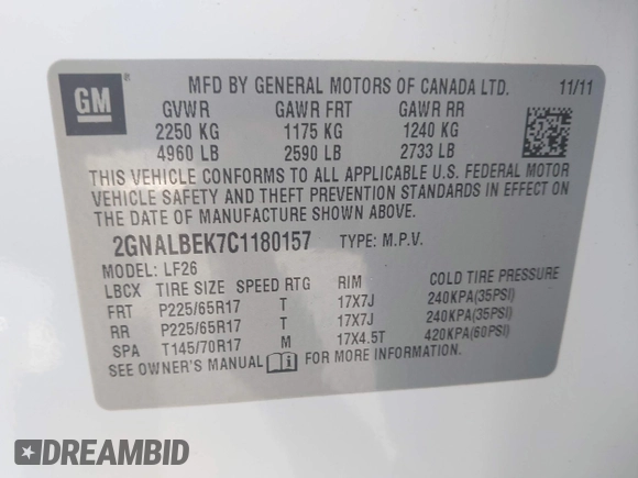 2012 Chevrolet Equinox LS with VIN 2GNALBEK7C1180157, listed as a IAAI auction lot 42172326 with 138,398 mi miles and . Bid and sale history available at DreamBid. Image 9.