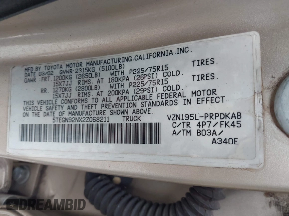 2002 Toyota Tacoma PreRunner with VIN 5TEGN92NX2Z068211, listed as a IAAI auction lot 41692778 with Not Provided miles and . Bid and sale history available at DreamBid. Image 9.