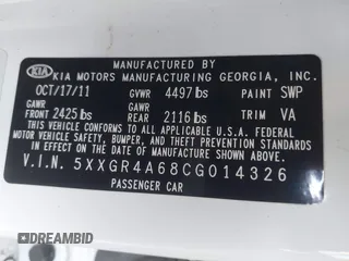 2012 Kia Optima SX with VIN 5XXGR4A68CG014326, listed as a IAAI auction lot 41215375 with 145,172 mi miles and . Bid and sale history available at carsss.com. Image 9.