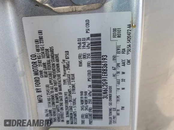 2014 Lincoln MKZ с VIN 3LN6L2G91ER836193, выставлен на аукционе Copart как лот 57689765 с пробегом 146 385 миль миль и На запчасти • Non repairable. История ставок и продаж доступна на DreamBid. Изображение 12.