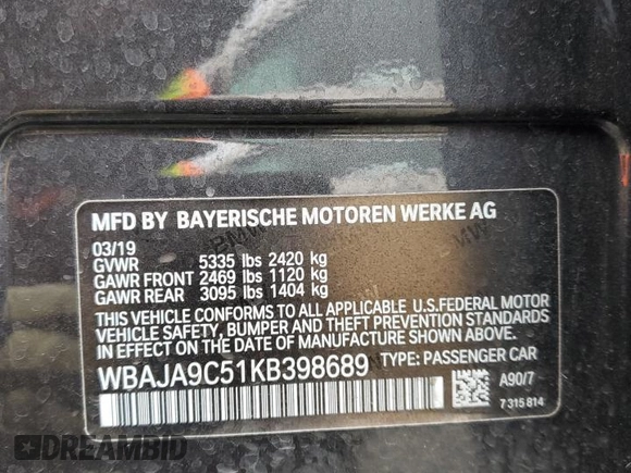 2019 BMW 5 Series 530e with VIN WBAJA9C51KB398689, listed as a Copart auction lot 45586425 with 61,866 mi miles and Salvage title. Bid and sale history available at DreamBid. Image 12.