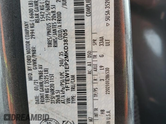 2021 Ford F-150 XL with VIN 1FTEW1EP2MKD38705, listed as a Copart auction lot 46285945 with 76,715 mi miles and Salvage Title. Bid and sale history available at carsss.com. Image 13.