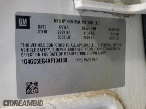 2010 Buick LaCrosse CXL with VIN 1G4GC5EG4AF194180, listed as a Copart auction lot 59618645 with 104,195 mi miles and Salvage title. Bid and sale history available at DreamBid. Image 12.