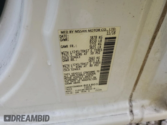 2019 Nissan NV Cargo S z VIN 1N6BF0KM6KN801803, wystawiony jako Copart lot #88928045 z przebiegiem 128 547 mil mil oraz Nie do naprawy • Non repairable. Historia ofert i sprzedaży dostępna na DreamBid. Obrazek 13.