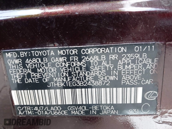 2011 Lexus ES 330 with VIN JTHBK1EG3B2438872, listed as a IAAI auction lot 42682451 with 163,906 mi miles and . Bid and sale history available at DreamBid. Image 9.