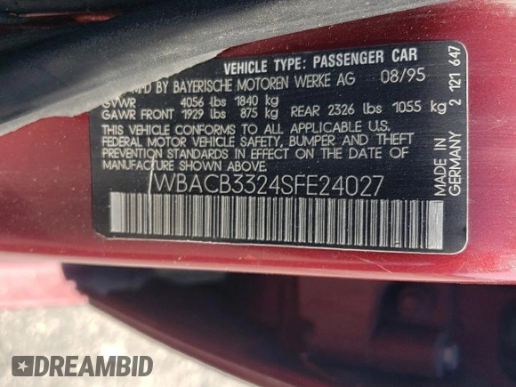 1995 BMW 3 Series 325i with VIN WBACB3324SFE24027, listed as a Copart auction lot 72361214 with 237,096 mi miles and Salvage Title. Bid and sale history available at carsss.com. Image 12.