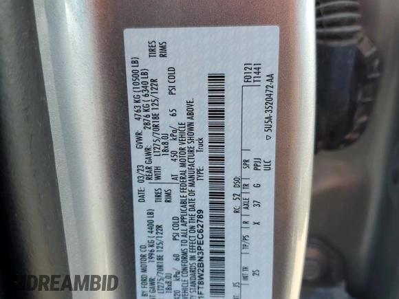 2023 Ford F-250 XL with VIN 1FT8W2BN3PEC62789, listed as a Copart auction lot 55997595 with Not provided miles and Clean title. Bid and sale history available at DreamBid. Image 12.