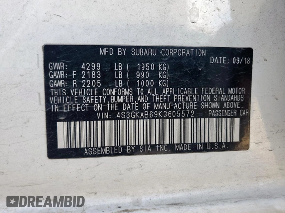 2019 Subaru Impreza z VIN 4S3GKAB69K3605572, wystawiony jako Copart lot #57769385 z przebiegiem 154 330 mil mil oraz Szkoda całkowita • Salvage title. Historia ofert i sprzedaży dostępna na DreamBid. Obrazek 12.